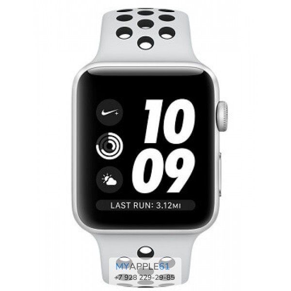 Apple Watch Series 3, 38 мм, Корпус из серебристого алюминия, спортивный ремешок Nike цвета чистая платина-чёрный