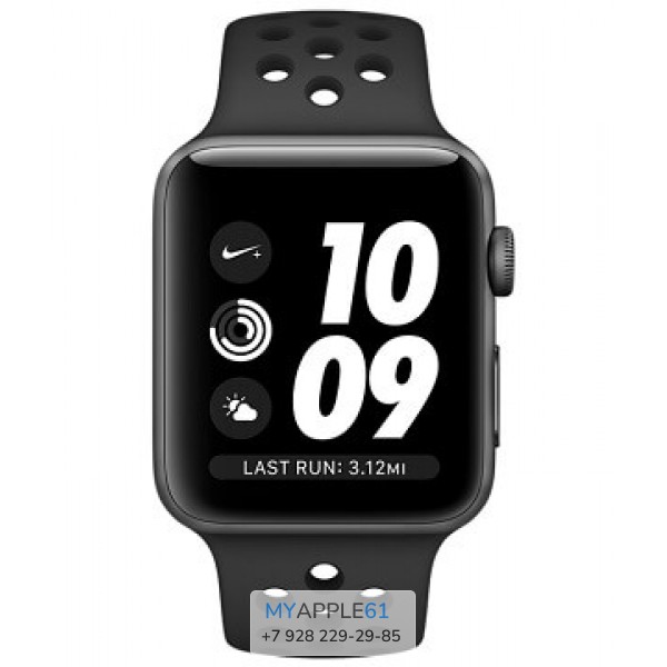 Apple Watch Series 3, 38 мм, Корпус из алюминия цвета серый космос, спортивный ремешок Nike цвета антрацитовый-чёрный