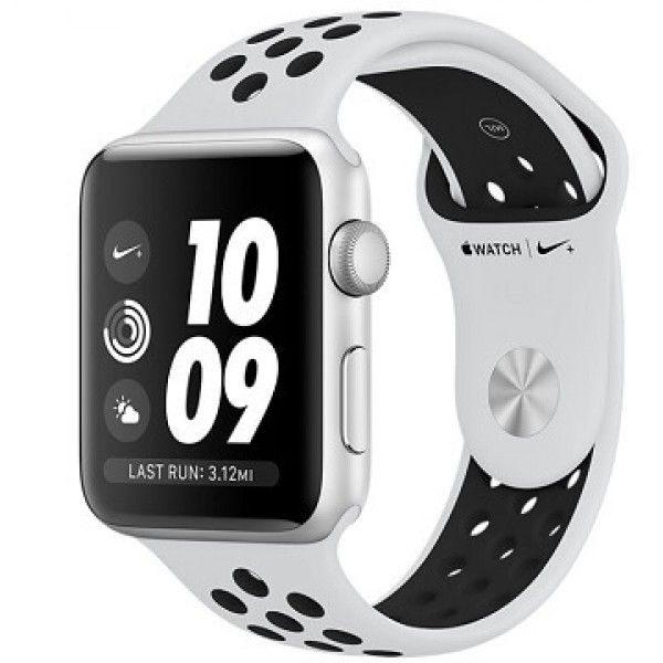 Apple Watch Series 3, 42 мм, Корпус из серебристого алюминия, спортивный ремешок Nike цвета чистая платина-чёрный