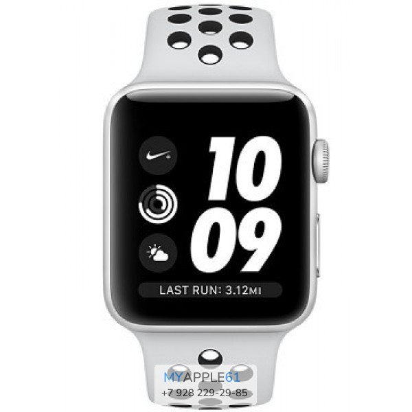 Apple Watch Series 3, 42 мм, Корпус из серебристого алюминия, спортивный ремешок Nike цвета чистая платина-чёрный