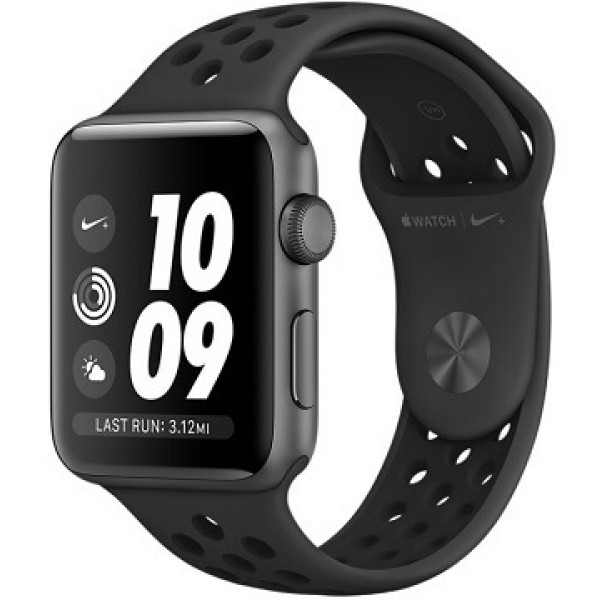 Apple Watch Series 3, 42 мм, Корпус из алюминия цвета серый космос, спортивный ремешок Nike цвета антрацитовый-чёрный