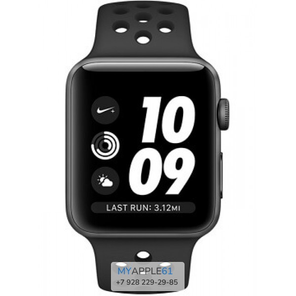 Apple Watch Series 3, 42 мм, Корпус из алюминия цвета серый космос, спортивный ремешок Nike цвета антрацитовый-чёрный