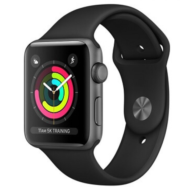 Apple Watch Series 3, 38 мм, Корпус из алюминия цвета серый космос, спортивный ремешок чёрного цвета