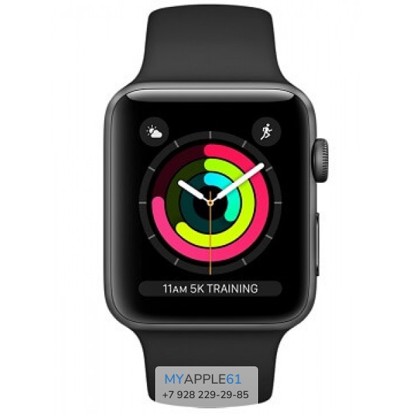 Apple Watch Series 3, 38 мм, Корпус из алюминия цвета серый космос, спортивный ремешок чёрного цвета