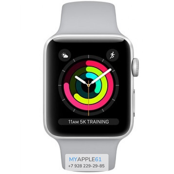 Apple Watch Series 3, 38 мм, Корпус из серебристого алюминия, спортивный ремешок дымчатого цвета