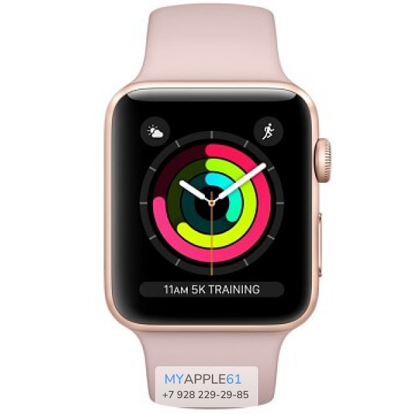 Apple Watch Series 3, 38 мм, Корпус из золотистого алюминия, спортивный ремешок цвета розовый песок