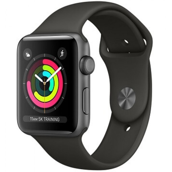 Apple Watch Series 3, 38 мм, Корпус из алюминия цвета серый космос, спортивный ремешок серого цвета