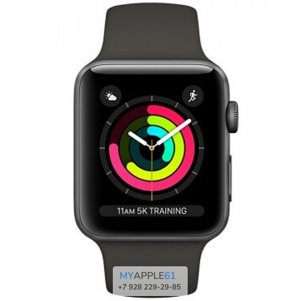 Apple Watch Series 3, 38 мм, Корпус из алюминия цвета серый космос, спортивный ремешок серого цвета