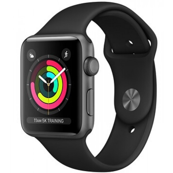 Apple Watch Series 3, 42 мм, Корпус из алюминия цвета "серый космос", спортивный ремешок чёрного цвета