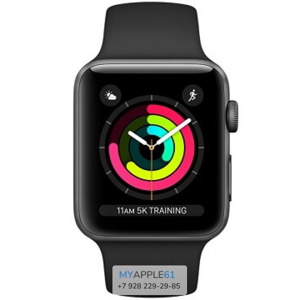 Apple Watch Series 3, 42 мм, Корпус из алюминия цвета "серый космос", спортивный ремешок чёрного цвета