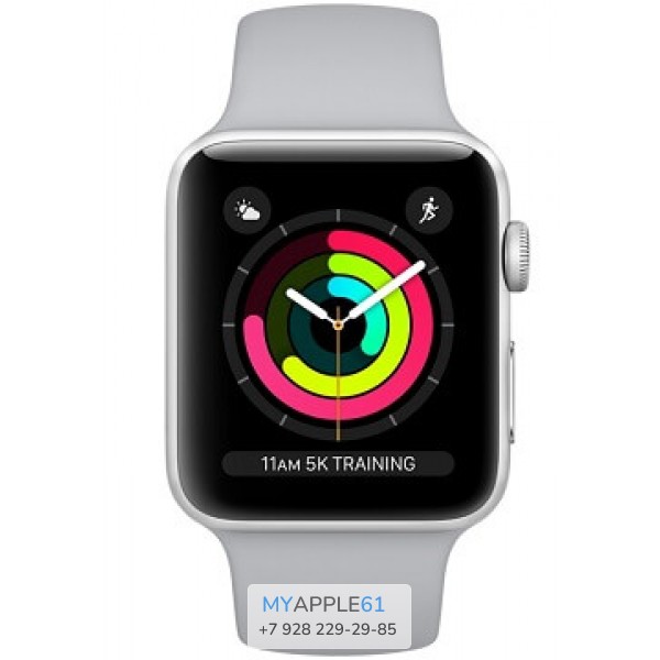 Apple Watch Series 3, 42 мм, Корпус из серебристого алюминия, спортивный ремешок дымчатого цвета