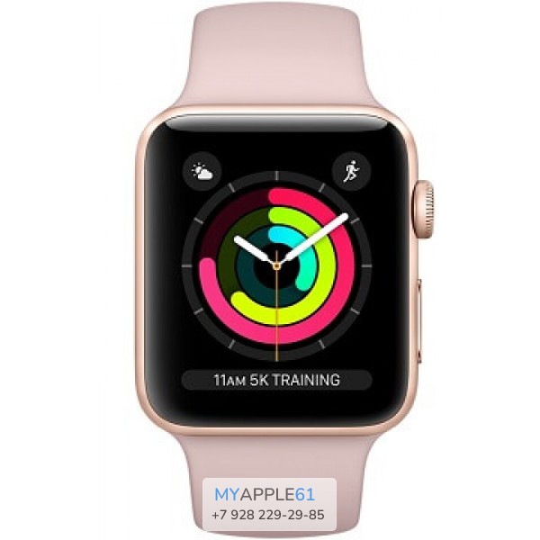 Apple Watch Series 3, 42 мм, Корпус из золотистого алюминия, спортивный ремешок цвета розовый песок