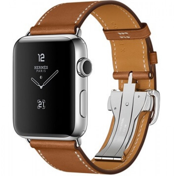 Apple Watch Hermes 42 мм, Корпус из нержавеющей стали, ремешок Simple Tour из кожи Barenia цвета Fauve с раскладывающейся застёжкой